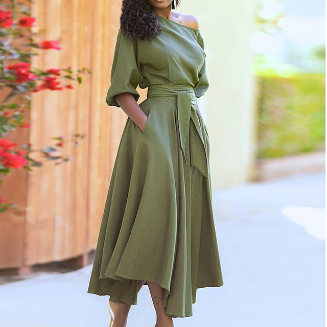 Temperament Simple Style Solid Color Dresses Women Fashion Half Sleeves Slant Collar Leace-up Irregular Dress Female New Vestido