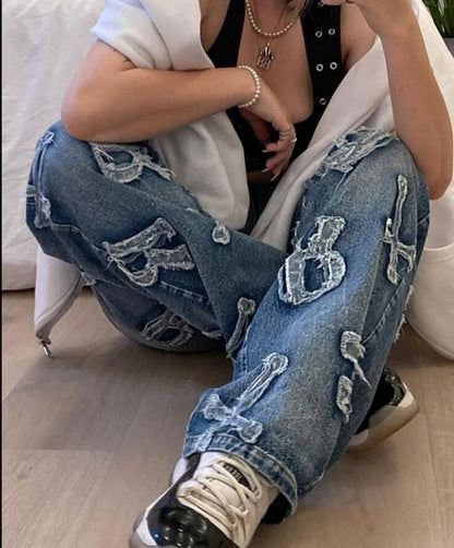 Women's Stylish Baggy Jeans with Patchwork Letter Design | Ideal for All Seasons