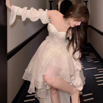 Elegant Evening Party Dresses Women Puff Sleeve Off Shoulder Lace-up Wedding Prom Robe Ball Gown A-line Y2K Midi Vestidos New