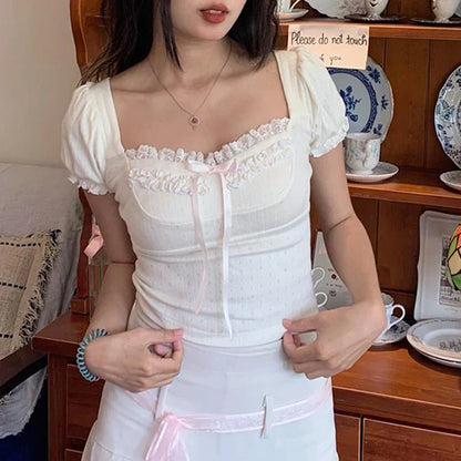 Voguable Cute Frill Lace Bow Decorate Top Puff Short Sleeve Square Collar T-shirts Y2K Aesthetic Tees Coquette