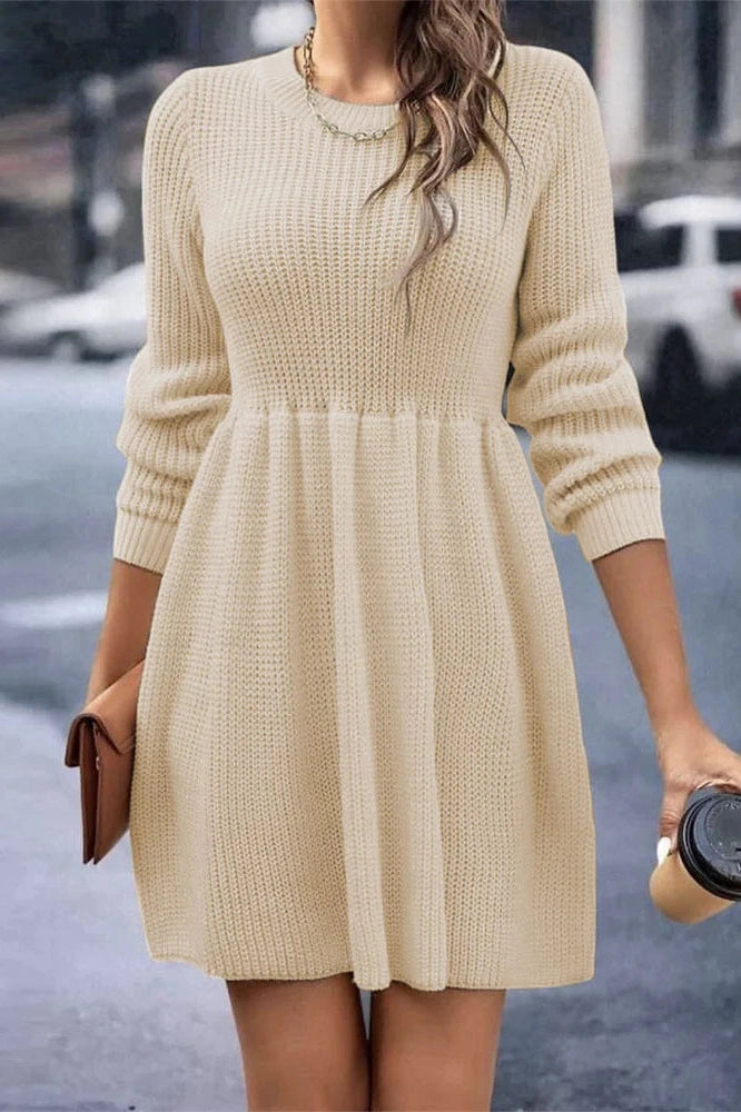 Pleated Long Sleeve Mini Dress with High Waist