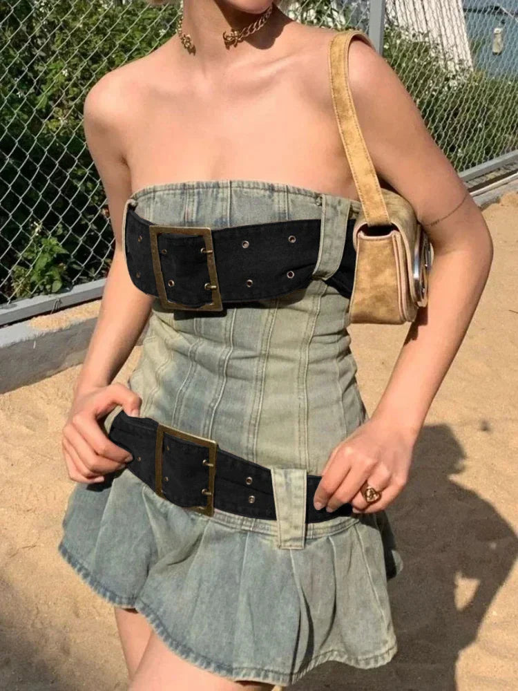 Vintage Y2k Strapless Denim Dress Bodycon Korean Kpop Belt Pleated Mini Dress 2000s Streetwear