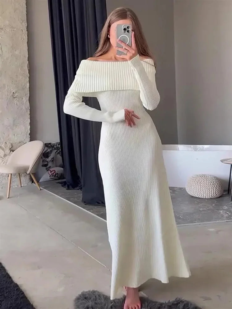 Fashion Knit Long Dress Off-Shoulder Female Ribbed Loose High Waist Elegant Autumn Party Dress Ladies Knitwear Maxi Dress