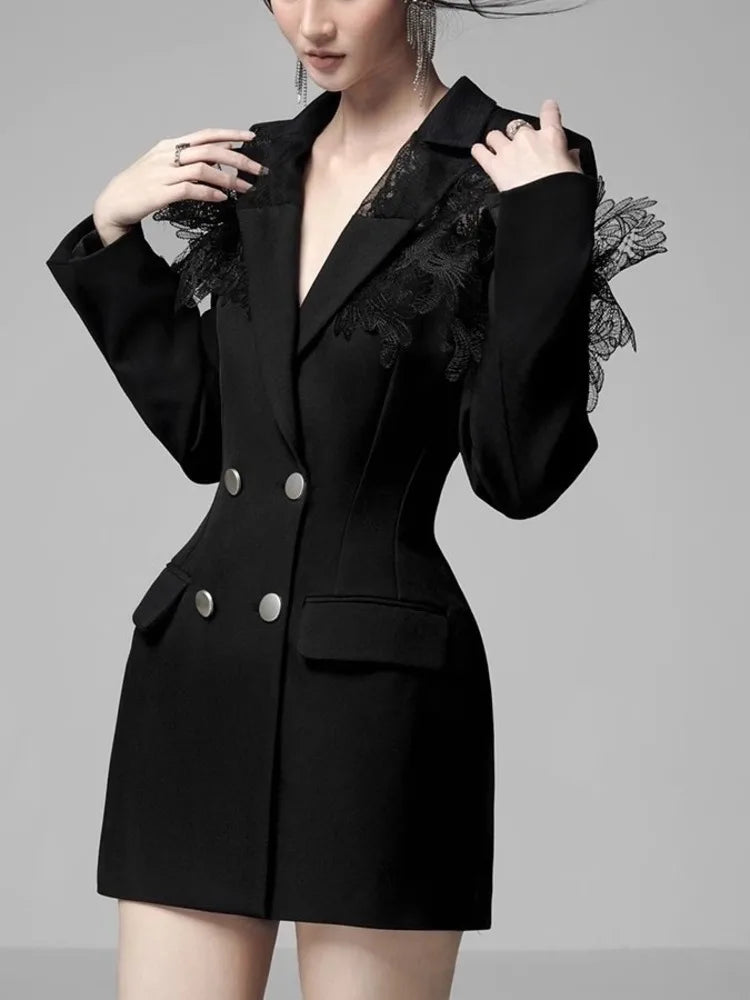 New Fashion Lace Patchwork Design Notched Collar Double Breasted Contrast Color Women’s Suit Dress 2025 Spring Winter A6718