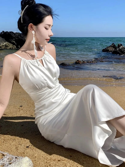 Elegant Bodycon Satin Dresses for Women Halter Sleeveless Slim Mermaid Evening Party Dress Prom Robe Summer New Vestidos Mujer