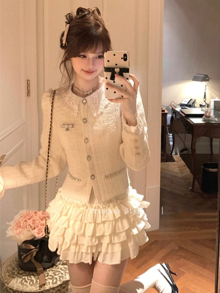 French Vintage 2-piece Set Tweed Lace Patchwork Single Breasted Coat Ruffles Cake Mini Skirt Korean Fashion Autumn Outfits New