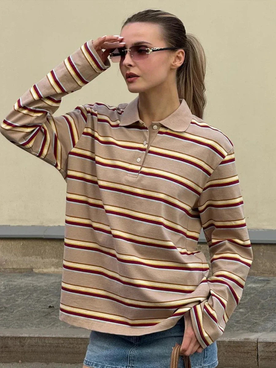 Spring Summer New Women's Retro Striped Polo Collar Oversized Long Sleeve T - Shirt Trendy Casual Loose Basic Top