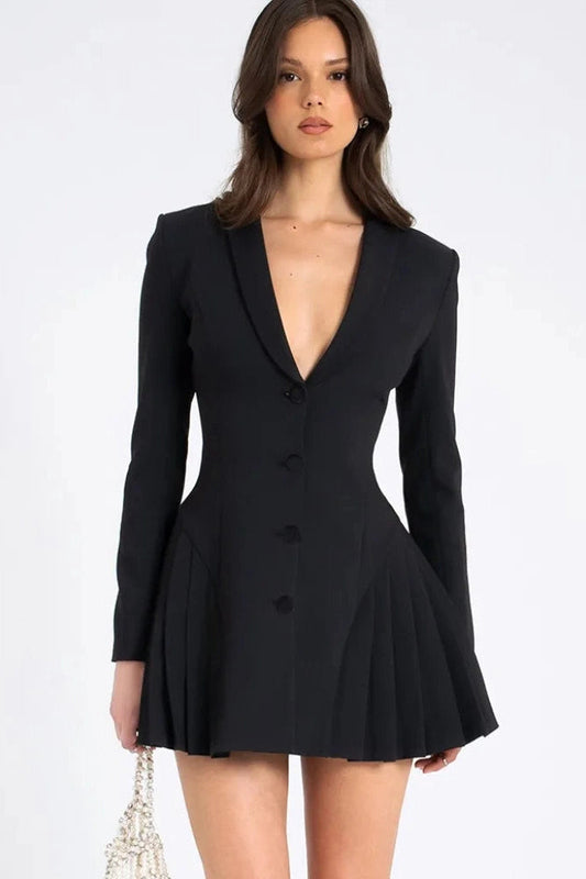 Patchwork V-Neck Slim High Waist Long Sleeves Mini Dress