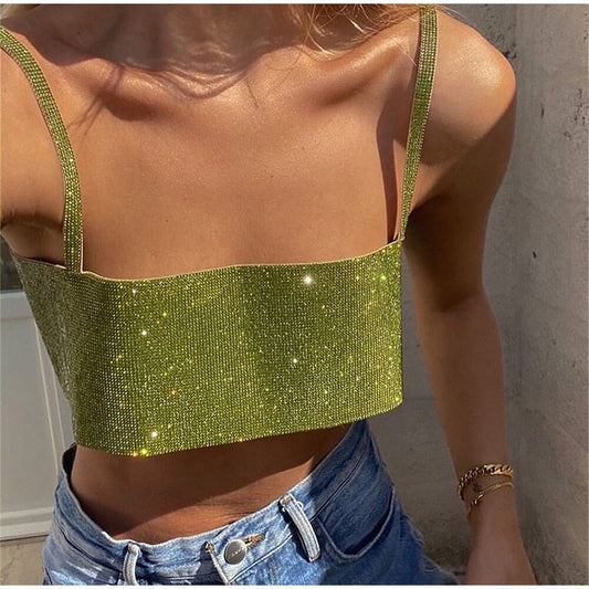 Glitter Club Crop Top Off Shoulder Tank Cami Clothing Super Short Party Night Shiny Bling Sleeveless Tube Tops Y2K
