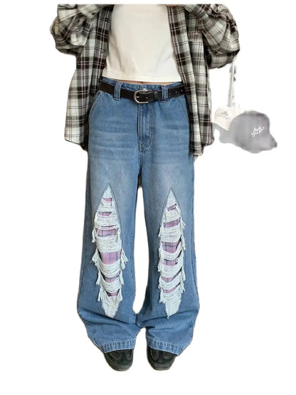 Jeans With Contrasting Plaid Holes And Splicing High-Waisted Women'S Summer American High Street Loose Slimming Wide-Leg Pants