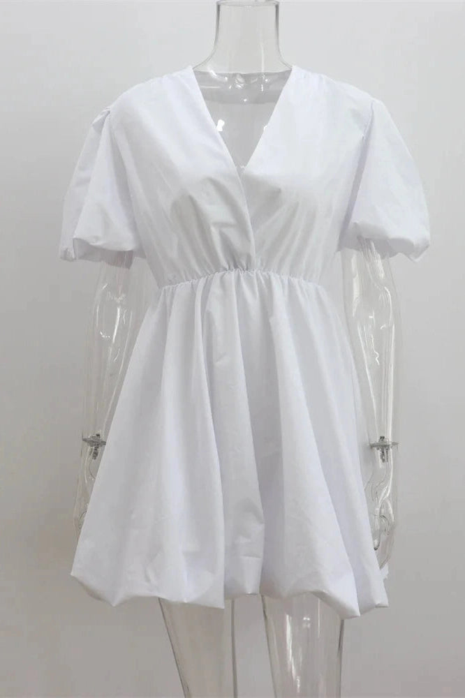 V-Neck High Waist Pleated Mini Dress with Short Sleeves