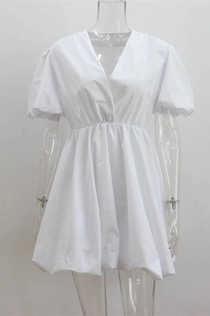 V-Neck High Waist Pleated Mini Dress with Short Sleeves