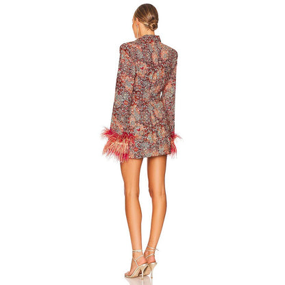 Women's Elegant Floral Print Blazer Dress with Feathered Cuffs | Ideal for All Seasons