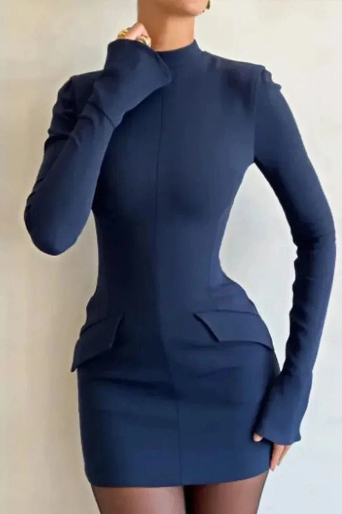 Patchwork Mini Dress with Long Slee-Sleeve and High Waist