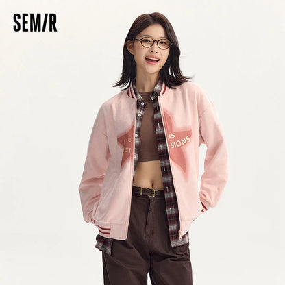 Coat Women Mid-Length Imitation Suede Loose Contrast Color Jacket Autumn Letter American Retro Star Baseball Coat