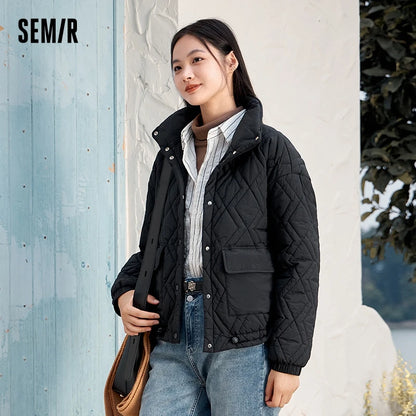 Cotton Clothing Women Stand Collar Loose  New Winter Texture Rhombus Cotton Coat Fashion Casual