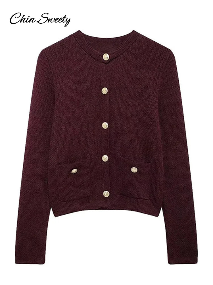 Autumn Knit Burgundy Women’s Cardigans O-neck Single-breasted Long Sleeve Pocket Top  Autumn Winter Lady All-match Knitwear
