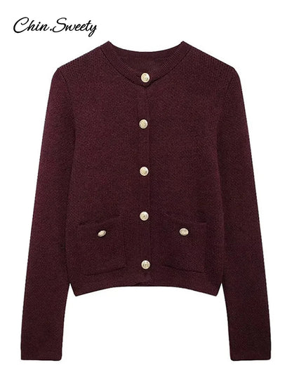 Autumn Knit Burgundy Women’s Cardigans O-neck Single-breasted Long Sleeve Pocket Top  Autumn Winter Lady All-match Knitwear