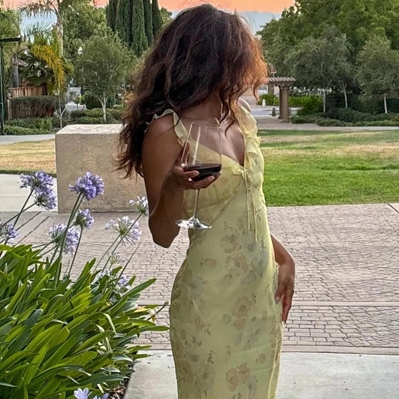 Floral Ruffle Halter Backless Maxi Dress