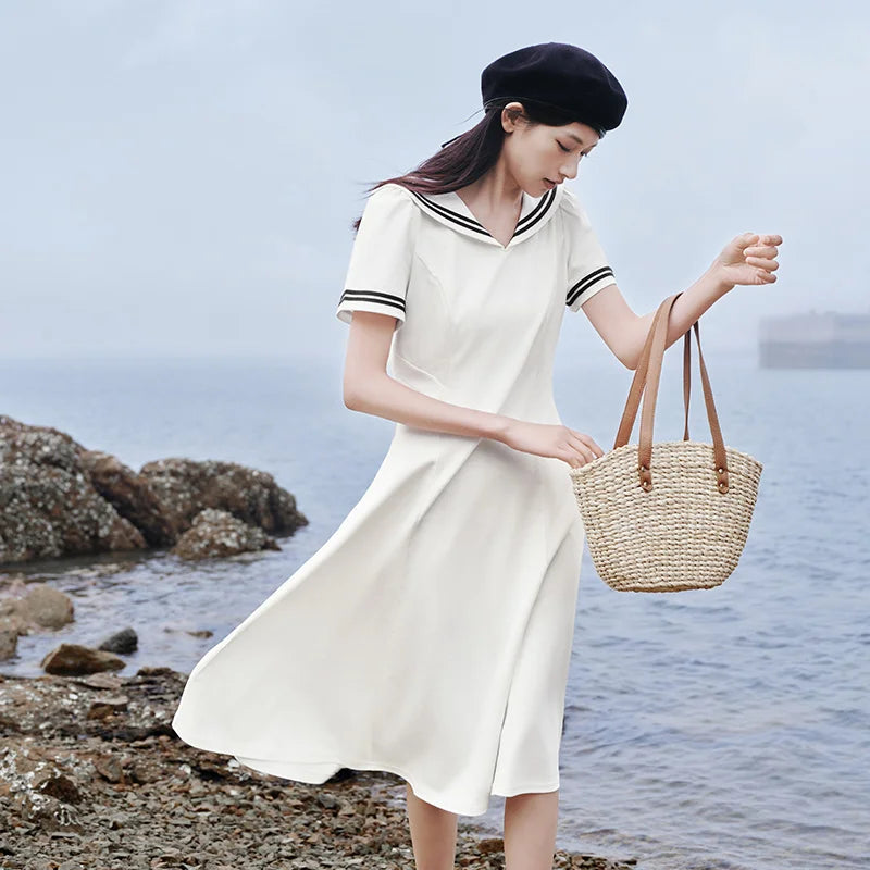Dress Women Navy Collar With A Collegiate And Artistic Style  Summer New White Moonlight Waist-Cinched Long Dress