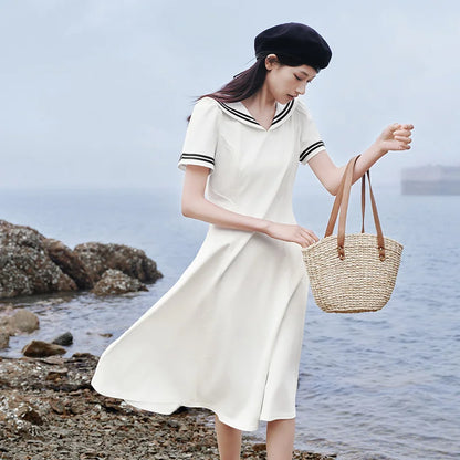 Dress Women Navy Collar With A Collegiate And Artistic Style  Summer New White Moonlight Waist-Cinched Long Dress