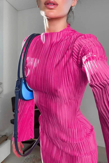 Elegant Pleated Mini Dress with Long Sleeves