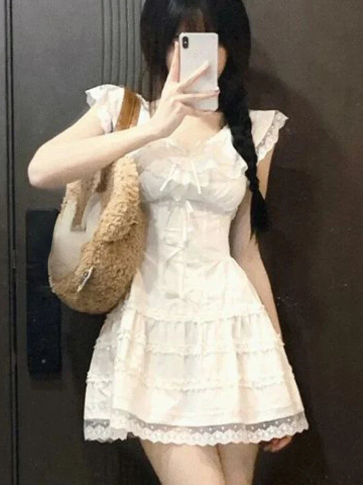 Voguable Y2k Coquette White Lolita Sweet White Kawaii Cute Mini Dress Lace Bow Princess Slip Lace Short Dresses Fashion