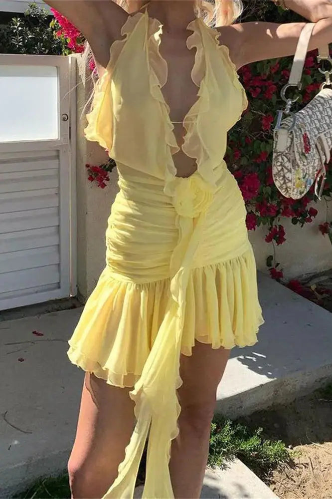 Floral Lace-Up Mini Dress with Ruffled Detail