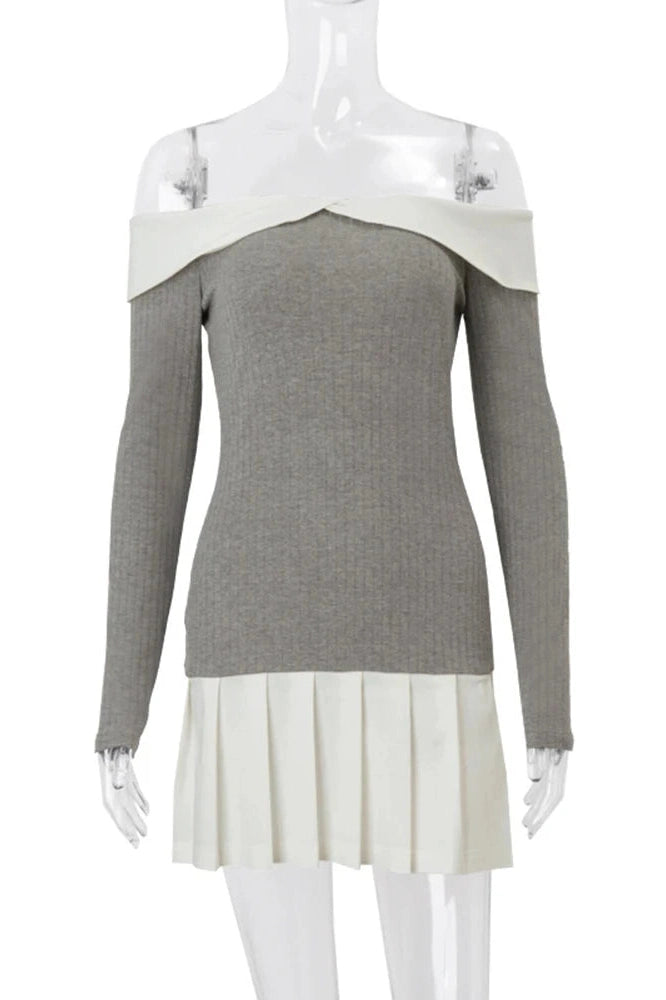 Pleated Patchwork Off-Shoulder Mini Dress with Long Sleeves