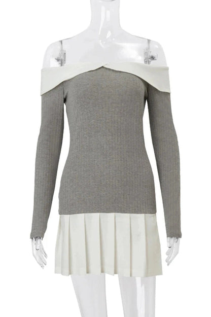 Pleated Patchwork Off-Shoulder Mini Dress with Long Sleeves
