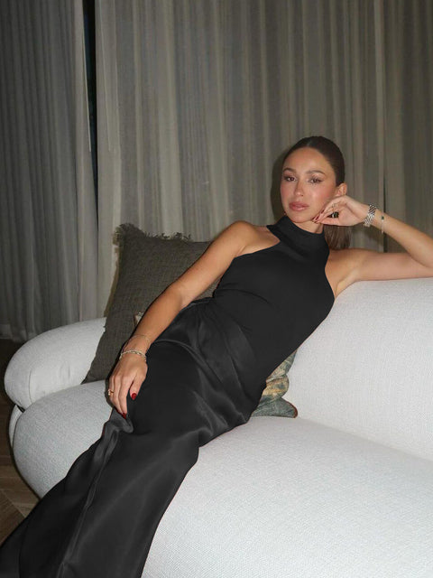 Elegant Sleeveless Satin Patchwork Hollow Out Long Dress Women Sexy Elastic Tight Female Party Club Evening Vestidos