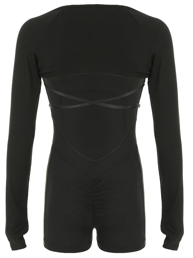 Cross Backless Skinny Sexy 2 Pieces Outdoor Rompers And Long Sleeve Open Stitch Crop Top Womens Fitness Sports Playsuits