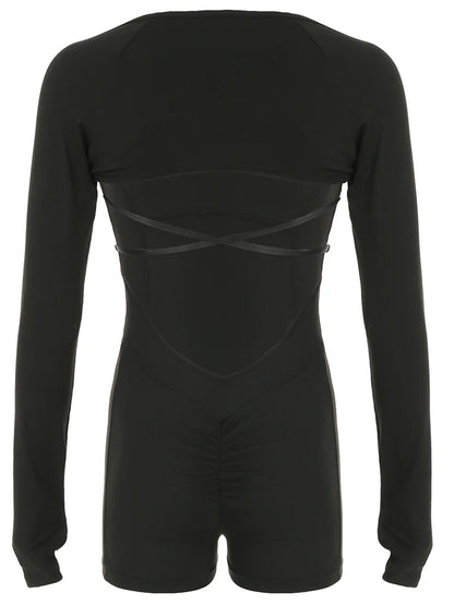 Cross Backless Skinny Sexy 2 Pieces Outdoor Rompers And Long Sleeve Open Stitch Crop Top Womens Fitness Sports Playsuits