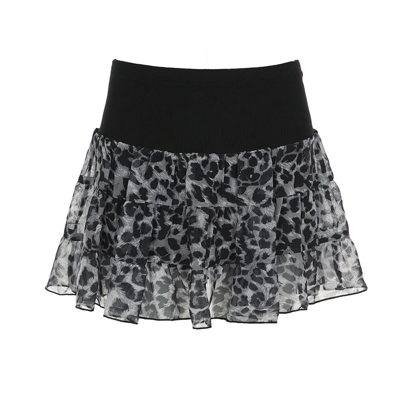 Y2k Leopard Contrast Patchwork Puff Skirt Women s Trendy Clothes All-Match Chiffon Mini Skirt Hotsweet