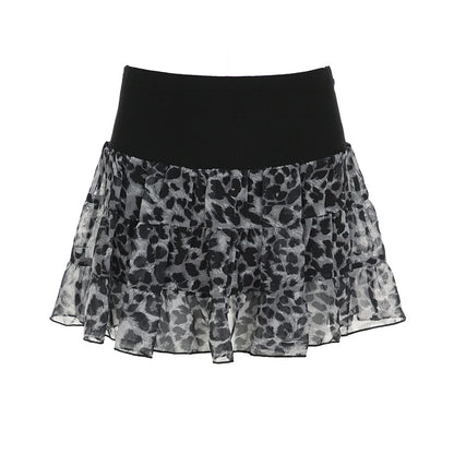 Y2k Leopard Contrast Patchwork Puff Skirt Women s Trendy Clothes All-Match Chiffon Mini Skirt Hotsweet