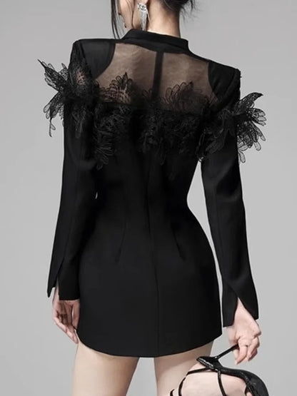 New Fashion Lace Patchwork Design Notched Collar Double Breasted Contrast Color Women’s Suit Dress 2025 Spring Winter A6718
