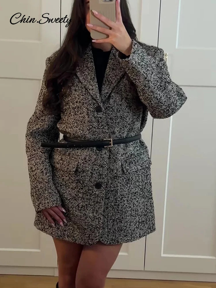 Winter With Belt Blazer Coat Women Loose Lapel Tweed Wool Blends Warm Jacket Fashion Temperament Commuting Lady Elegant Outwear