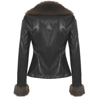 s Autumn New Clothes Women¡¯s Leather Coat Long Sleeve Spliced Faux Trim Button Slim Fit Chic Coat
