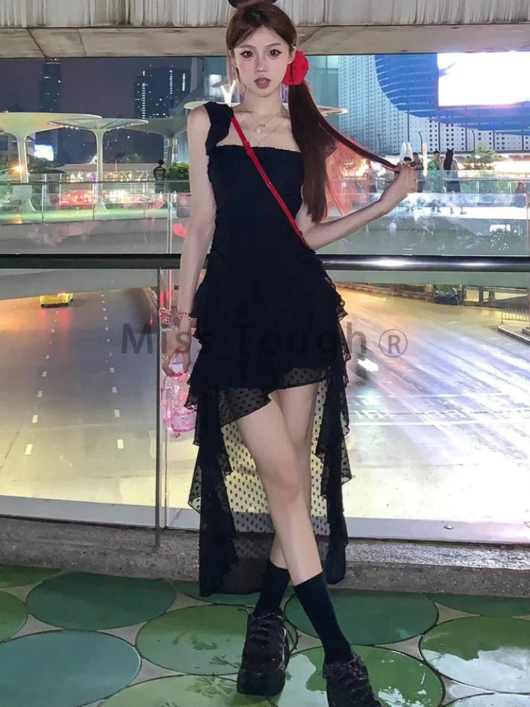 Voguable Y2k Vintage Mini Dress Irregular Korean Casual One Piece Dress FeTierred Elegant Chic Clothes New