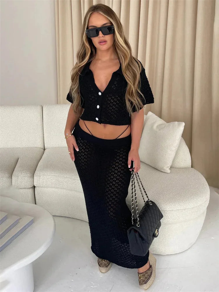 Knit Hollow Out 2 Piece-Set Long Skirt Women&#8217;s Cropped Top Cardigan And High Waist Maxi Skirt Outfits Female Clothes