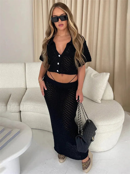 Knit Hollow Out 2 Piece-Set Long Skirt Women&#8217;s Cropped Top Cardigan And High Waist Maxi Skirt Outfits Female Clothes