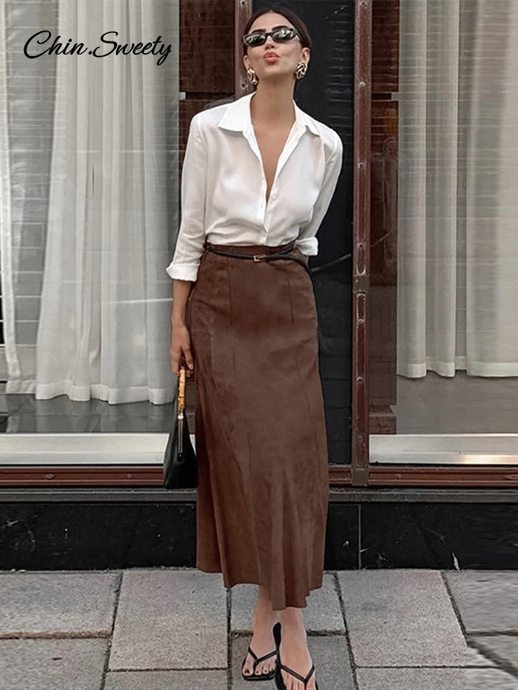 Vintage Suede Brown Skirts Women Fashion Pleated Slim Zipper Office Lady Skirts  Elegant Female High Waist Party Wear New