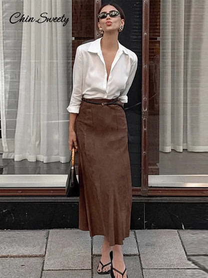Vintage Suede Brown Skirts Women Fashion Pleated Slim Zipper Office Lady Skirts  Elegant Female High Waist Party Wear New