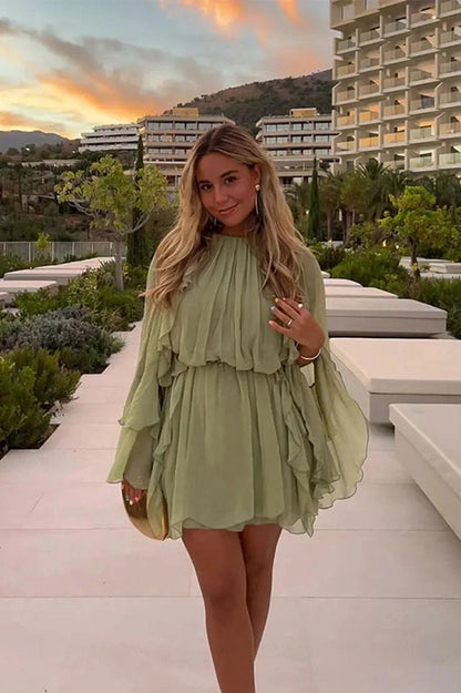 Elegant O-Neck Long Sleeve Mini Dress