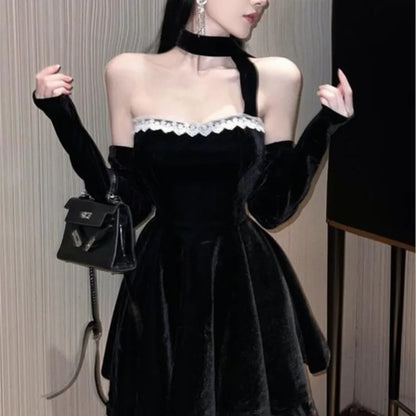 French Vintage Strapless Mini Dresses Women Lace Patchwork A-line Evening Party Dress Korean Fashion Y2K Mini Vestidos Mujer