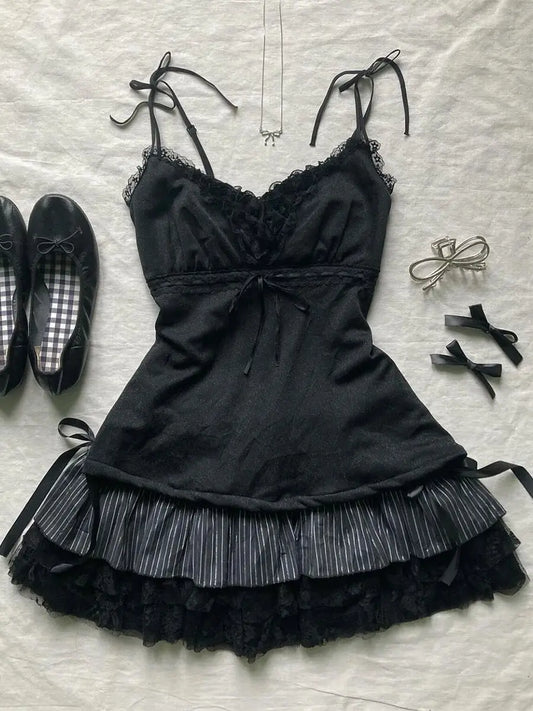 Gothic Crop Top Punk Vintage Clothes Lace Sling Hotsweet Girl 2000s Camis Bow Aesthetic Y2k Tank Corset Topss