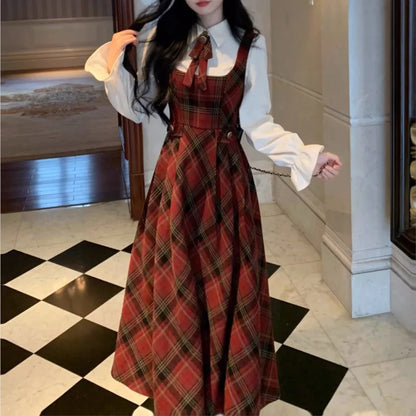 French Vintage Two-piece Dress Set Women Flare Sleeve Shirt Red Plaid Strap Dress A-line Autumn Winter New Christmas Party Dress