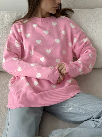 Autumn Printed Knitwear Pullover For Women Casual Patchwork Long Sleeve Contrast Loose Top Clothes Female Knit Pullover