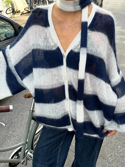 Loose Mohair Striped V-neck Cardigan Women With Scarf Fashion Lantern Sleeve Single Breasted Knitwear Casual Lady New Streetwear