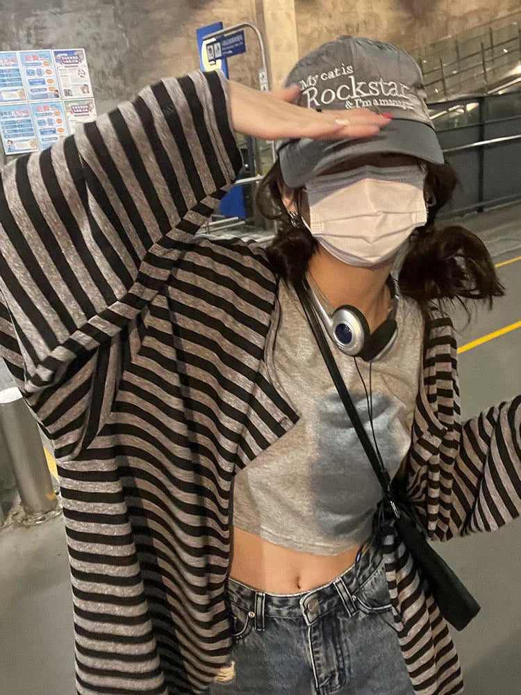 Voguable  Harajuku Y2k Top Black Gray Striped Cardigan Loose Casual Long-Sleeved Top Woman Clothes Grunge Korean Fashion